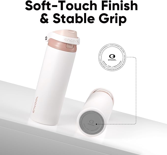 ENCOOL Leakproof Insulated Water Bottle with Straw Dual-Sip Water Bottle Bag-Safe Design for Work, Commute & Gym – Keeps Drinks Cold All Day, 24 oz, Coffee White