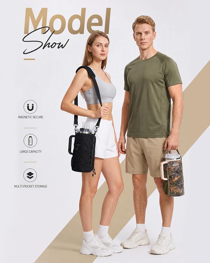 sportsnew 40oz Insulated Crossbody Water Bottle Bag Gym Hiking Phone Pocket | Water-resistant Lining, Padded Strap, Top Handle, Drawstring, Phone Pocket, Elastic Slots, Built-In Key Clip for Gym Walking