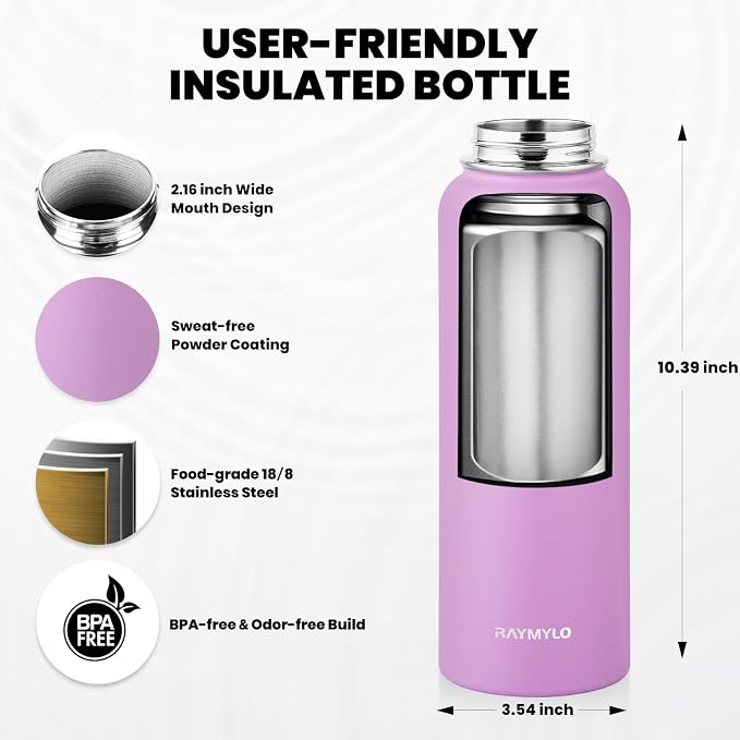 RAYMYLO Insulated Water Bottle 40 oz, Triple Wall Vacuum Stainless Steel | (Cold for 36Hrs, Hot for 18Hrs), Leak Proof & Non-BPA, Modern Water Flask Jug with Paracord Handle & Straw Spout Lids