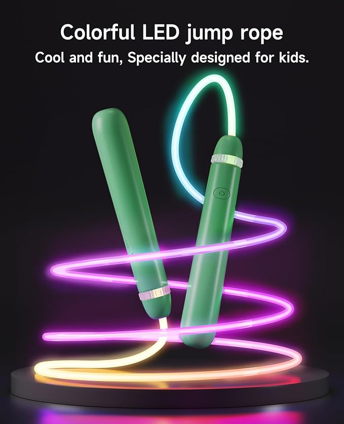 LED Jump Rope for Kids, Glow in The Dark Fun Fitness Gift | Rechargeable, 180-day battery, 9.2ft for ages 6+, colorful LED modes, birthday gift, outdoor fun