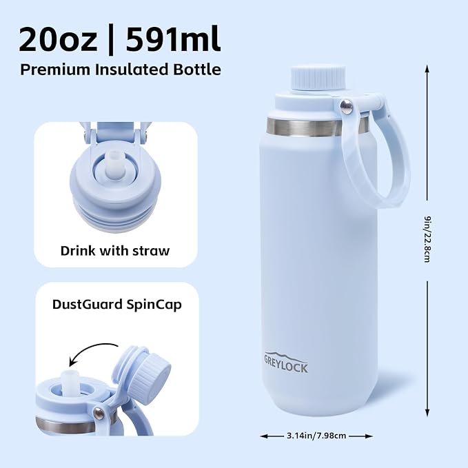 Greylock 20 oz Insulated Water Bottle with Straw Lid, Reusable Stainless Steel Sports Water Bottles with Foldable Handle, Leak Proof, Double-Wall Vacuum Insulation, 24 Hours Cold (Blue)
