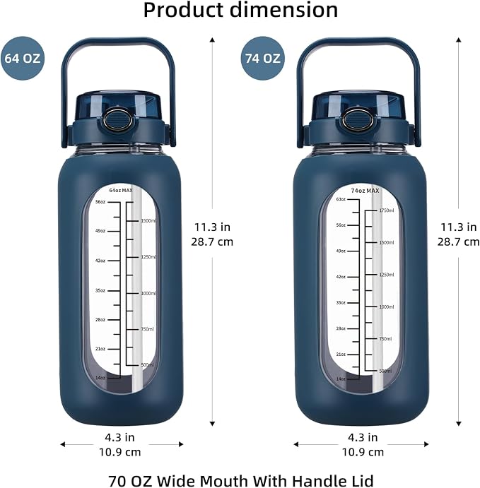 chunmo 74 oz Glass Water Bolttles with Straw Large Motivational Water Bottle with Time Marker Sports Water Bottles with Silicone Sleeve and Handle Lid 2.2L Water Jug for Gym Workout