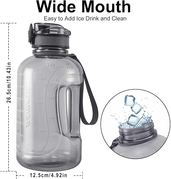 GEMFUL 2 Liter Water Bottle with Time Marker 64oz Motivational Jug (Grey) | BPA-Free, Big Capacity, Motivational , No Straw, Chug Lid, for Gym, Fitness, Hiking, Camping, Office, Travel, Women, Men