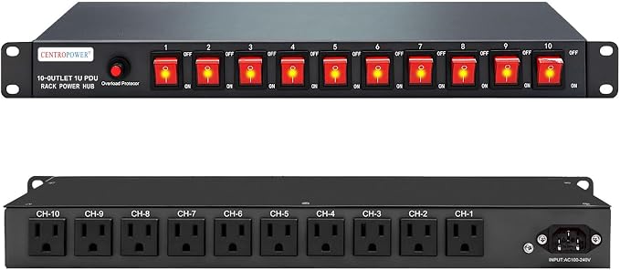 1U PDU Horizontal Rackmount Power Strip - Overload Protector | 10 NEMA 5-15R Outlet, 100V-240V/15A, 1800 Joules, 10 Independent LED Switches, 6 ft Cord