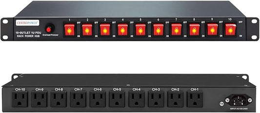 1U PDU Horizontal Rackmount Power Strip - Overload Protector | 10 NEMA 5-15R Outlet, 100V-240V/15A, 1800 Joules, 10 Independent LED Switches, 6 ft Cord