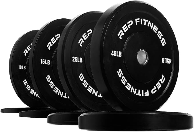 REP Fitness Rubber Bumper Plates, 5Lb to 370 lb Set Pairs, Olympic Standard Weights, Shock Absorbing Low Bounce Design, For Home Gyms, Fitness Centers, Strength Workouts, Barbell Use