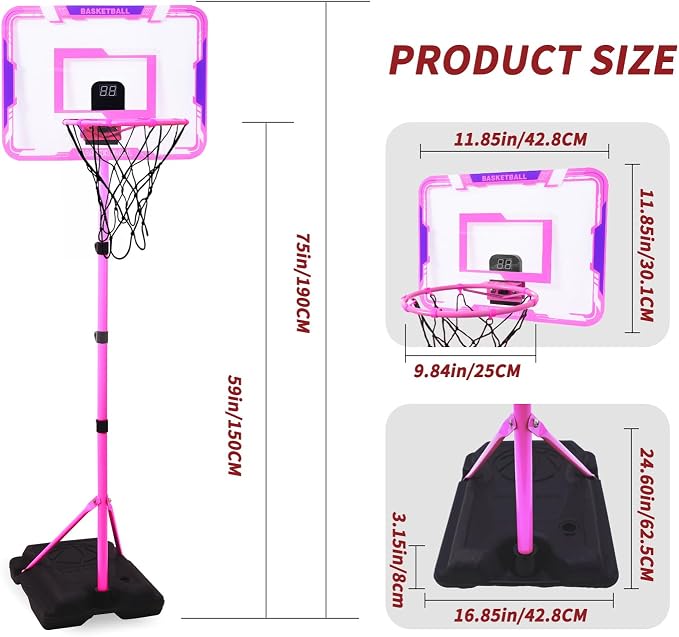 Kids Basketball Hoop, Adjustable Height Toddler Basketball Hoop Stand, Indoor Outdoor Basketball Goal Toy for Boys Girls Ages 3~8 Years Old, Includes 3 Balls, Ideal for Birthday Gift