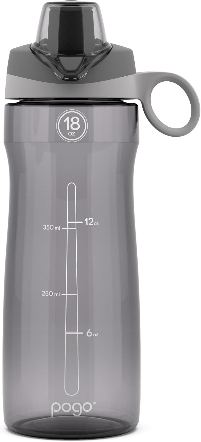 Pogo BPA-Free Tritan Plastic Water Bottle with Chug Lid, 18 Oz, Grey | Leakproof water bottle with chug lid and carry handle. BPA-free, great for travel, school, outdoors, and gym.