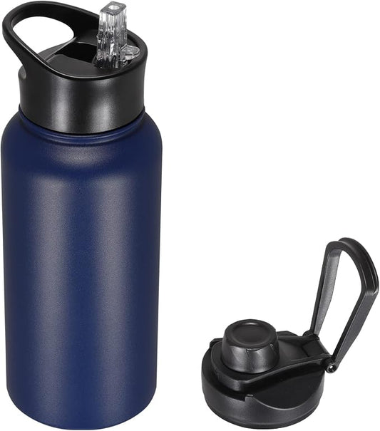 32 oz Insulated Water Bottle with Straw Lid & Wide Mouth Lids, Stainless Steel Sports Water Bottles, Double Walled Vacuum, Leak Proof, Blue