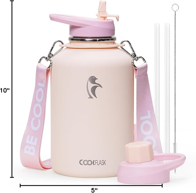 Coolflask Half Gallon Water Bottle Insulated Stainless Steel with Strap | 64 oz Large Water Jug with Straw & Spout Lids,Triple-Wall, Cold 48+h,Dishwasher Safe, Leakproof, BPA-Free,for Gym & Hiking