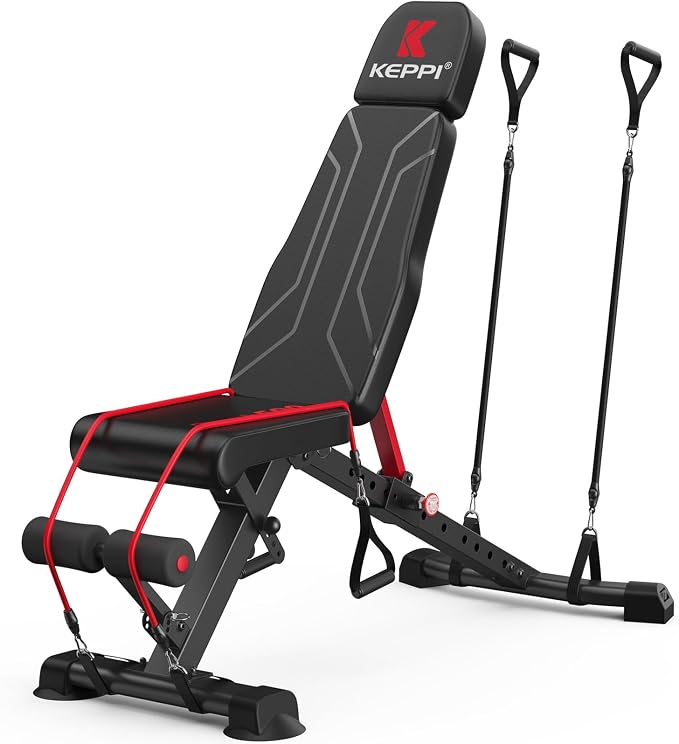 Keppi Weight Bench 900Lb, Adjustable Foldable Sturdy Bench for Home Gym | 900LB Flat capacity,11 back adjustments,fast-fold,30lb portable, PU leather, bands included,home gym & apartment