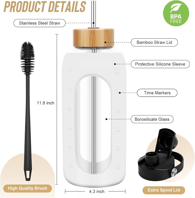 FULBEVY Glass Water Bottles 64 oz - Half Gallon Large Motivational Daily Water Intake Bottle Time Marker - Glass Water Bottle With Straw, Silicone Sleeve 2 Lids, Handle Spout & Bamboo Lid(White)