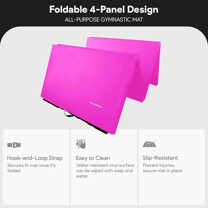 BalanceFrom 10x4 Feet 4-Panel Folding Gymnastics Mat – 2-Inch Thick Pad with Vinyl Surface and Carrying Handles for Tumbling, Yoga, Pilates, Home Workouts, and Martial Arts