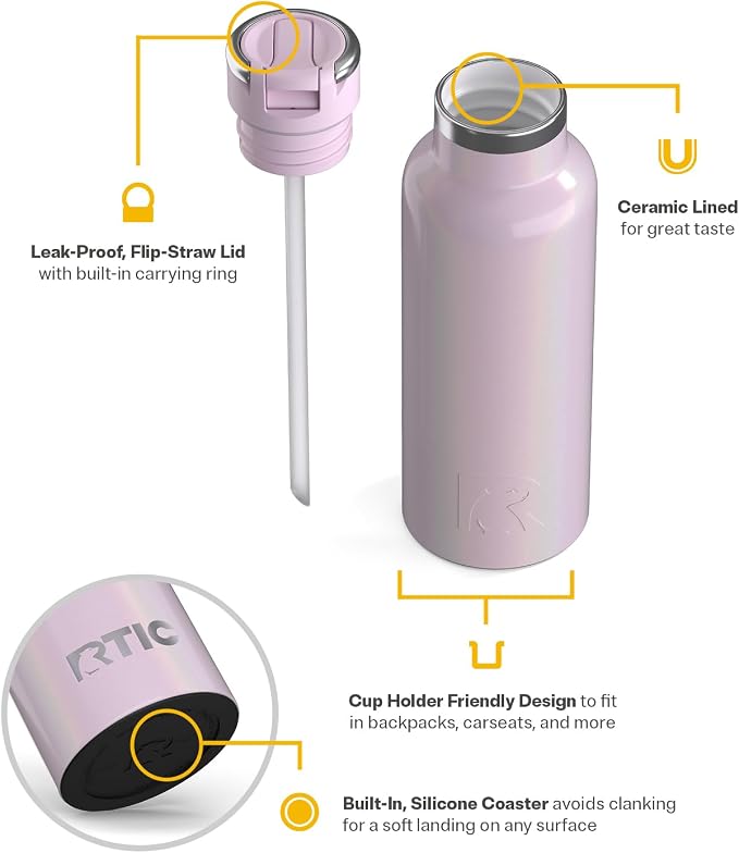 RTIC 16oz Journey Water Bottle Ceramic Lined Metal Stainless Steel Vacuum Insulated, BPA Free, Reusable, for Water, Hot and Cold Drinks, Travel, Sports, Camping, Pale Pink Glitter