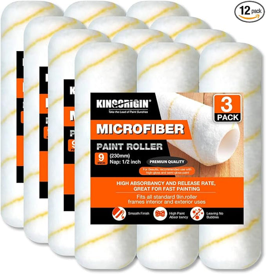 9 Inch Microfiber Paint Roller Covers, 1/2" Nap, 12-Pack | Paint Rollers for Wall & Ceiling Painting, Smooth and Textured Surfaces, Professional &Home Use