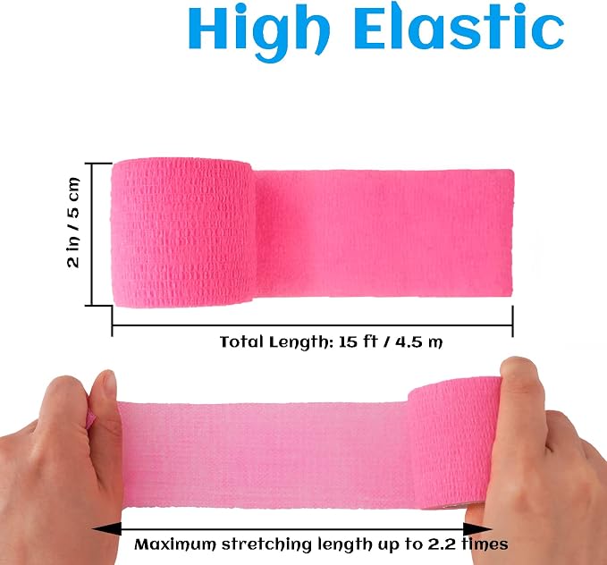 24 Pack Self Adhesive Bandage Wrap 2 Inch, Athletic Elastic Non Woven Cohesive Bandage for Sports, First Aid Medical, Wrist, Ankle Sprains, Swelling and Vet Wrap (Hot Pink)