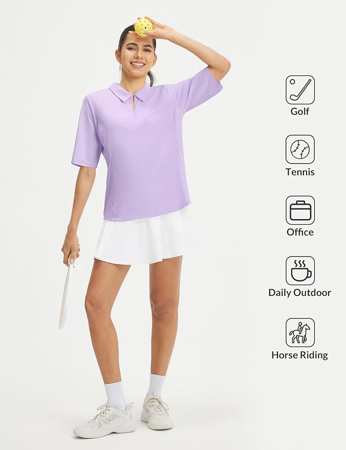 baleaf Womens Golf Shirts Half Sleeve Elbow Length Polo Tops | Stretch, Sun Protection UPF 50+, Quick Dry, Breathable, Moisture Wicking, Quarter Zip V Neck, Ideal for Golf Work Casual