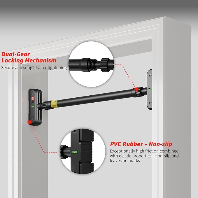 Pull Up Bar for Doorway, Door Frame Chin Up Bar No Screws, 440lbs Capacity | Adjustable 72-95 cm (28.3"-37.4") Chin Up Bar, Dual Gear Lock, Level Meter, Anti-Slip PVC Pads for Home Gym Strength Training