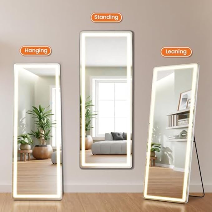 NEWBULIG 71"x26" LED Full Length Mirror, Full Body Standing Mirror, White | Leaning or Standing, Tempered Glass, Aluminum Alloy Thin Frame Floor Stand for Bedroom, Cloakroom