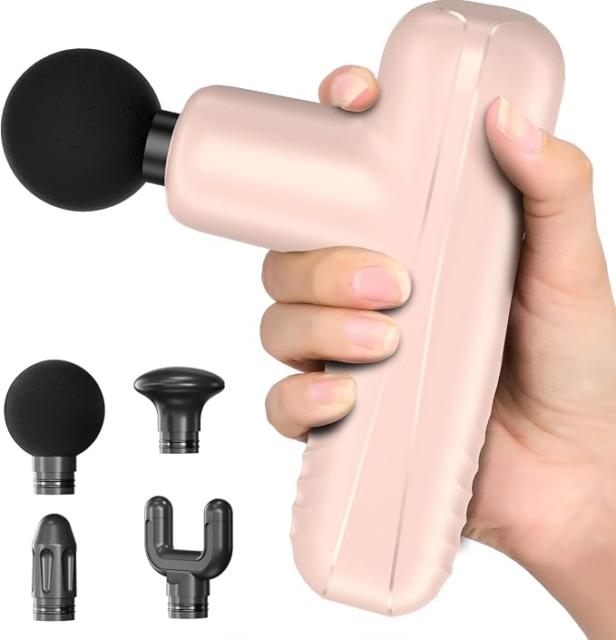 Mini Massage Gun, Powerful Handheld Muscle Massager for Muscle Relaxation, Deep Tissue Percussion Small Massage Gun Travel Massager with 4 Massage Heads Silent Brushless Motor, Pink