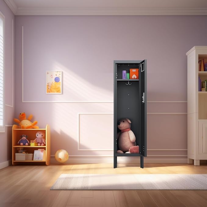 BUTISOW Metal Storage Locker with Lock & Card Slot Locker - Secure Lockable Door - Steel Locker for School, Office, Gym, Home - 54" H x 15" W x 15" D（1 Door, Black）