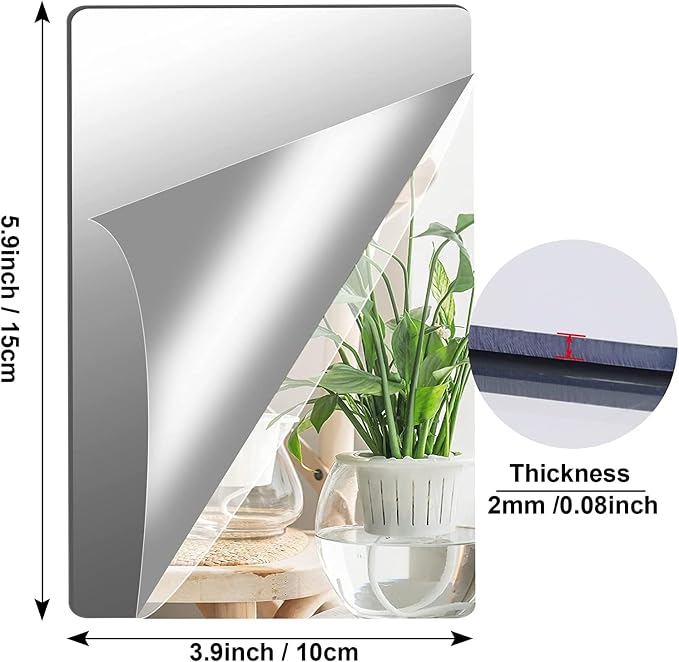 JUNEBRUSHS 4 Pack Self Adhesive Acrylic Mirror, 4X 6 Inch Mirror Tiles | Flexible Plastic Sheets Wall Stickers, 2MM Thick Mirror, Frameless Small