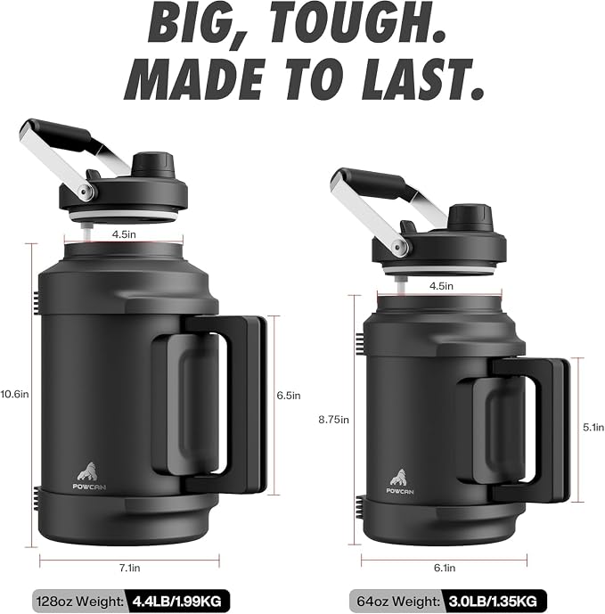 POWCAN 128 oz Insulated Water Bottle: 2-in-1 Straw Spout Lid, Dual Handle, Leakproof, Keep Cold 48H, Gallon Stainless Steel Water Jug for Camping, Travel, Gym, Hydration, Fitness, Daily (King)