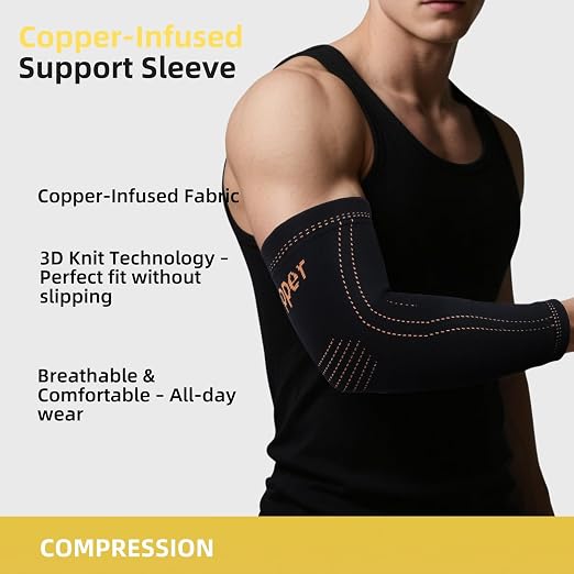 Arm compression Sleeve (1 Pair),Copper Elbow Compression Sleeve,Elbow Brace for Tennis Elbow Tendonitis,Full Arm Sleeve for Men & Women,Sports Support & Recovery