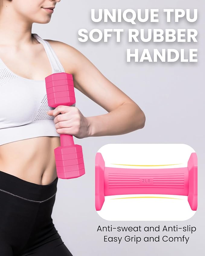 Adjustable Dumbbells Set, 4 in 1 Hand Weights Set for Women Men 10 LB/ 12 LB Dumbbell Pair Each 2lbs 3lbs 4lbs 5lbs Weights Dumbbells Set with TPU Soft Rubber Handle for Home Gym Exercise Fitness