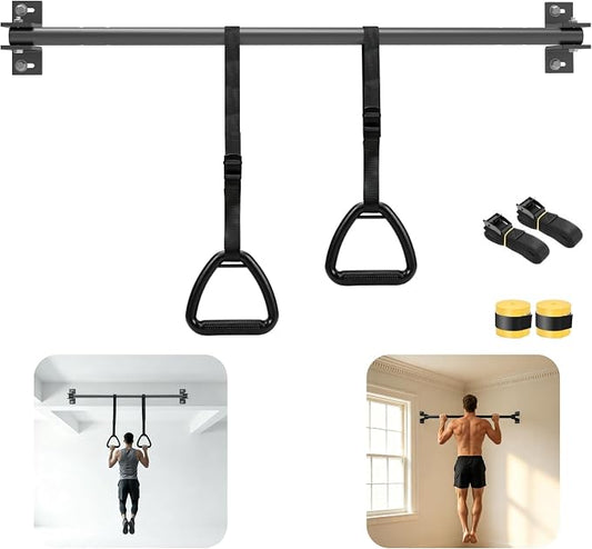 48'' Joist Mounted Pull Up Bar with Gym Rings Wall Studs Mount Chin Up Bar for Ceiling, Beams, Doorway & Corner Mount Heavy Duty Pull-up Grips for Home Gym Strength Training – Patent Pending