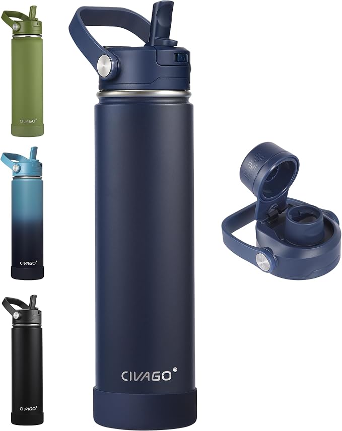 CIVAGO 24 oz Insulated Stainless Steel Water Bottle with Removable Straw | Large Leakproof Metal Water Jug, Sports Thermal Flask Cup with Bucket Handle, Silicone Boot, Dishwasher Safe, BPA-Free, Navy