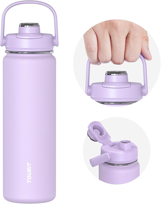 TOURIT 24 oz Insulated Stainless Steel Water Bottle, Lilac Purple | Double-wall vacuum thermal flask with top handle, leakproof & BPA-free design for sports, gym, hiking & travel use