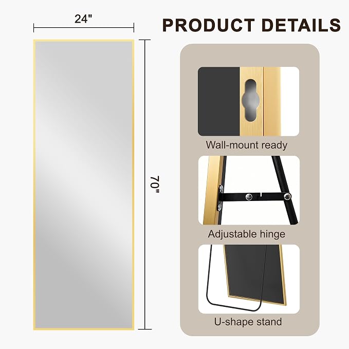 FICTOR Full Length Mirror with Stand, Floor Standing Mirror, 70"x24", Gold | HD Shatterproof Glass, Free-Standing or Wall-Mounted, Full Body Mirror for Bedroom, Living Room, Dressing Room, Entryway