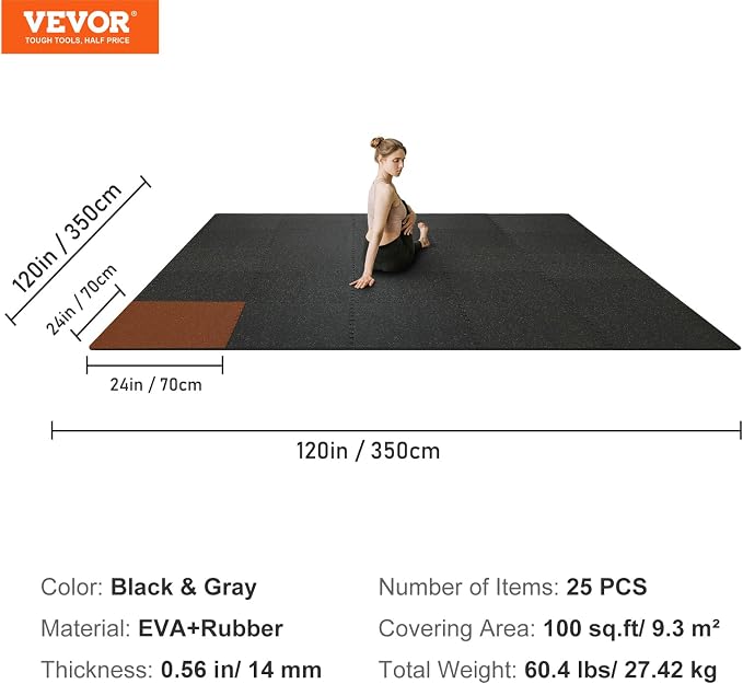 VEVOR 0.56Inch 100sq.ft Exercise Equipment Mats, 25 Tiles Upgraded Rubber Top with High Density EVA Foam, Interlocking Gym Flooring for Home Gym, 25 x 25In Gym Mats, Puzzle Workout Mats, Black & Gray | Rubber Top with Dense EVA Foam, Interlocking Gym F...
