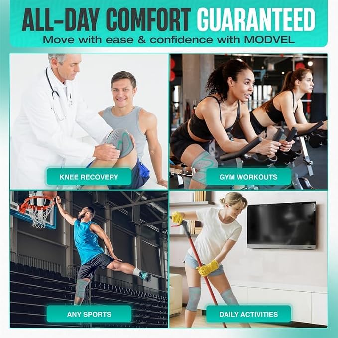 Modvel Compression Knee Brace for Women & Men - 2 Pack Brace for Women Running Knee Pain, Knee Support Sleeve, Workout Sports Braces for Meniscus Tear ACL & Arthritis Pain Relief GreyTurquoise X-Large