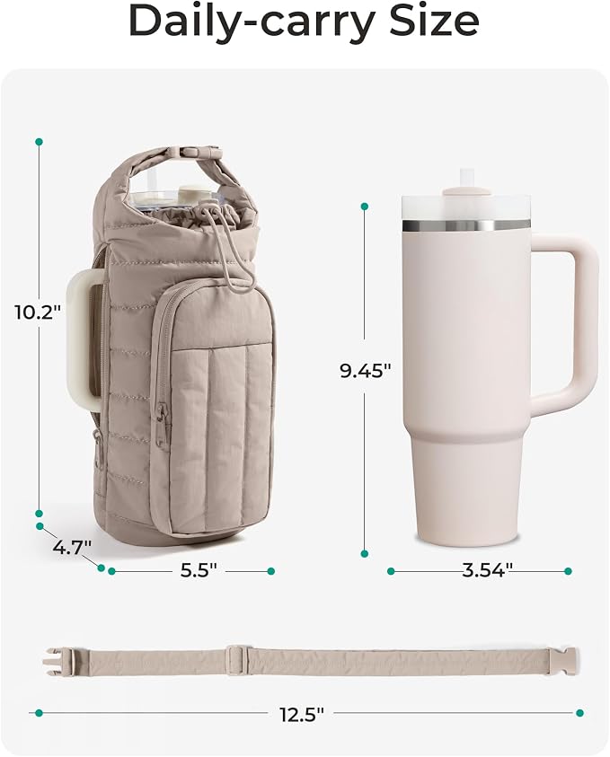 BAGSMART 40oz Water Bottle Holder with Strap, Quilted Gym Accessories | Magnetic or Classic Design, Lightweiht Tumbler Drink Carrier, Quilted Crossbody Purse