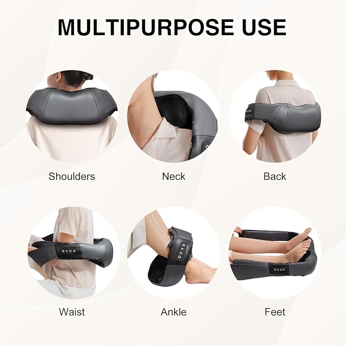 Nekteck Shiatsu Neck Massager with Heat for Pain Relief, Gray, NOT Cordless | 2026 Upgraded 3D Back Shoulder Kneading Massage Pillow, 3 Intensity Speeds Deep Tissue, Relaxation Gifts for Men Women