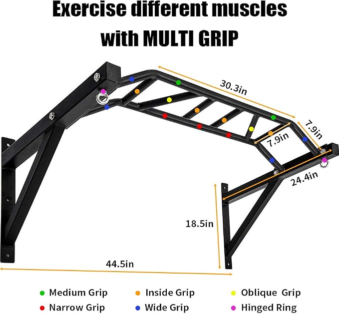 BESTHLS Wall Mounted Pull Up Bar and Dip Station, Heavy Duty Wall Mount Pull-up Chin Up Bar Multifunctional Home Gym Workout Indoor Exercise Equipment Support to 440 Lbs
