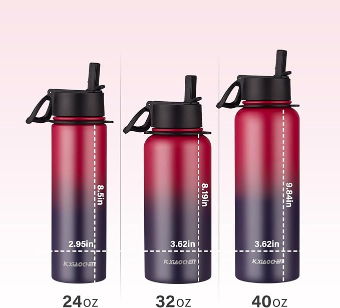 KXIAOCHEN Insulated Water Bottle with Strap, 48-Hour Cold, 2 Lids | Triple-wall insulation, lead-free 18/8 Stainless steel, paracord handle, carabiner clip, for gym, hiking, camping and travel