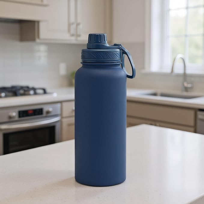 32 oz Insulated Metal Mens Water Bottle | Navy,Stainless Steel, 1 Liter, Leakproof, 2 Lids, Large Sports Water Bottle for Gym,Hiking