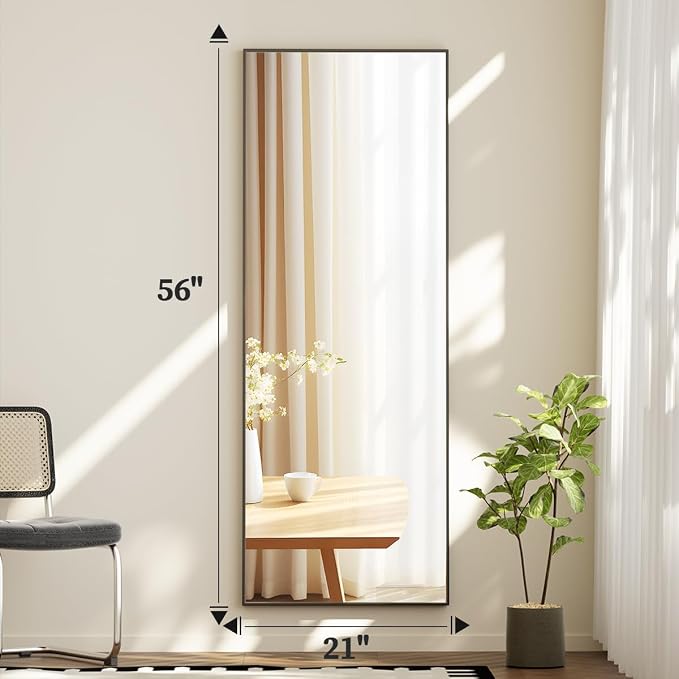 BEAUTYPEAK Full Length Mirror with Stand, 56"x21" Floor Mirror | ShatterVue Tempered Full Body Mirrors with Aluminum Alloy Thin Frame, Standing or Wall-Mounted Mirrors for Living Room, Black