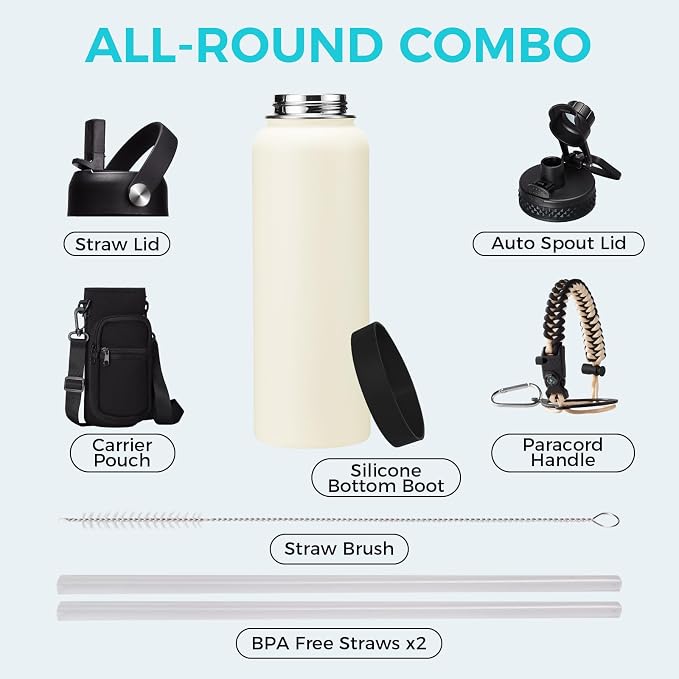 40oz Insulated Water Bottle with Straw - Pop-up Chug Lid (Cold-48H Hot-24H) Stainless Steel Water Bottles Sweat Proof, Metal Hydro Thermo Jug w/Strap Carrier Bag, Paracord Handle, Cream White