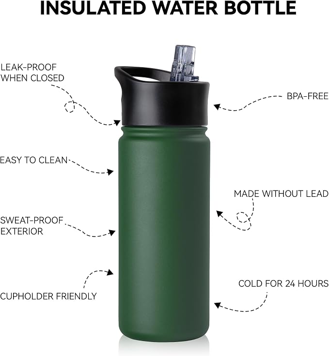 16 oz Insulated Water Bottle Bulk 8 Pack, Straw & Spout Lid, Keep Cold 24H, Spill Proof, BPA-Free, Double Wall, Stainless Steel Kids Water Bottles for School, Sports, Dark Green