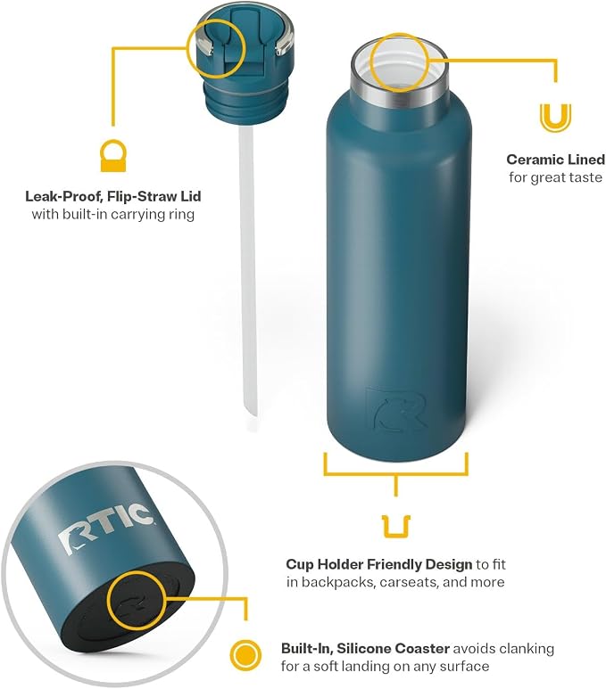 RTIC 20oz Journey Water Bottle Ceramic Lined Metal Stainless Steel Vacuum Insulated, BPA Free, Reusable, for Water, Hot and Cold Drinks, Travel, Sports, Camping, Marine
