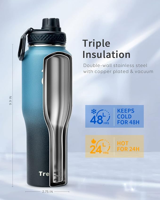 Trebo 32 oz Water Bottle Insulated Fits in Any Car Cup Holder with 2 Lids | Stainless Steel T-shape Tumbler with Paracord Handle, Triple Wall Vacuum Copper Plated, Cold 48 Hrs for Travel, Leakproof