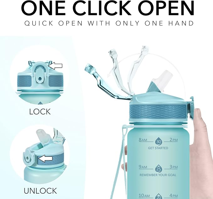 Hyeta Plastic Water Bottle With Straw & Time Marker, 32oz Leakproof Jug | Motivational Tritan BPA Free Gym Office Outdoor Intake Tracker Hourly Reminder Straw Lid Lightweight