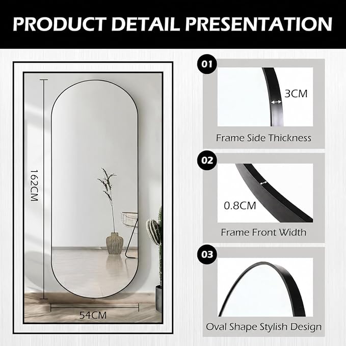 ZHUNFA Arched Full Length Floor Mirror, 64×21 Oval Full Floor Mirror | Large Wall Mounted Arched-Top Body for Living Room, Bedroom, Bathroom, Entryway, Dressing Room, black
