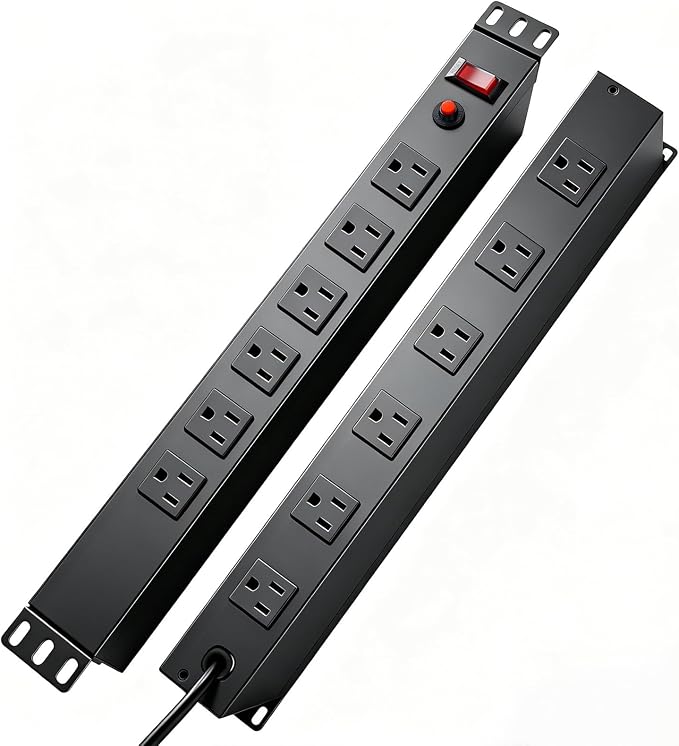 12-Outlet 1U Rack Mount PDU Power Strip – 6 Front/6 Rear Outlets, 15A 125V, 10ft Cord with Right-Angle Plug – for Server, Network & AV Racks