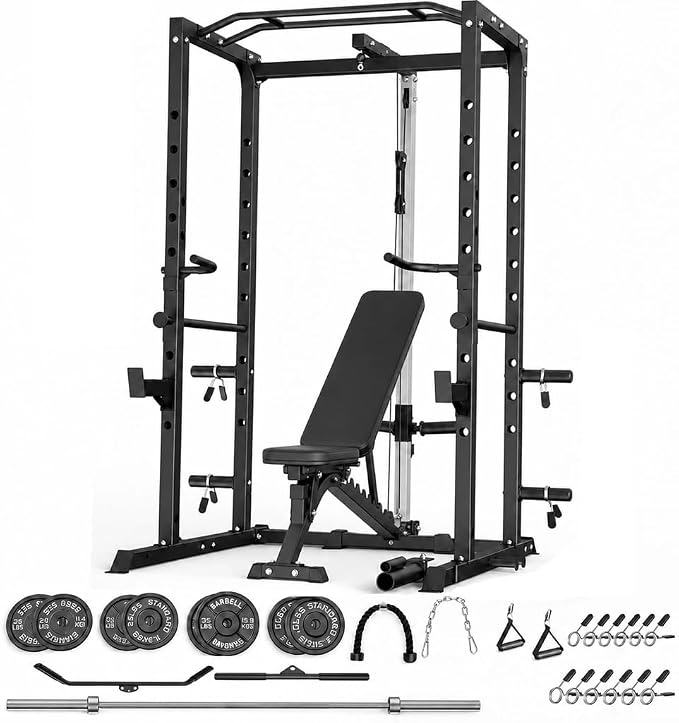 5-in-1 Power Rack Heavy Duty Home Gym | 5 Configs: Only, +Pulley, +Bench, +150LB, +240LB. 1200LB, 50x50mm, 83"H. J-Hooks, Safety Bars, Landmine. Olympic 2" Plates.