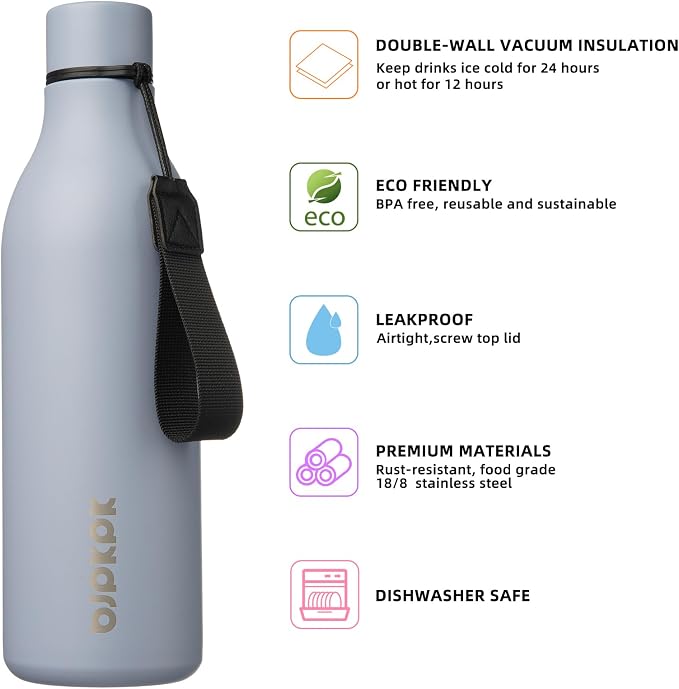 BJPKPK 25oz Insulated Water Bottle, Stainless Steel Bottle with Carry Strap | Keep Cold & Hot Vacuum Insulation, Leak-Proof BPA-Free Design, Slim Bottle Fits Most Cup Holders for Gym, Office & Travel